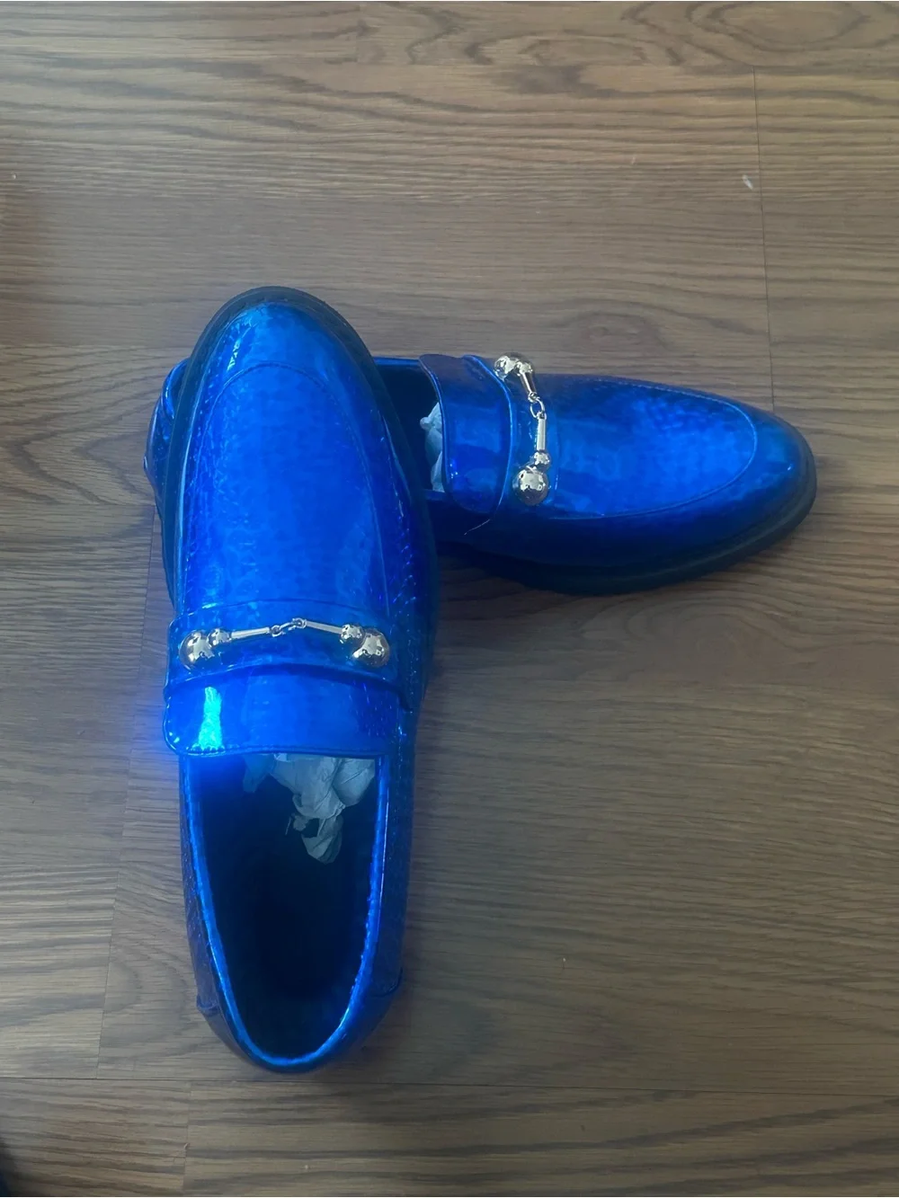Men's Shiny Blue Slip-On Loafers with Gold Bit Detail